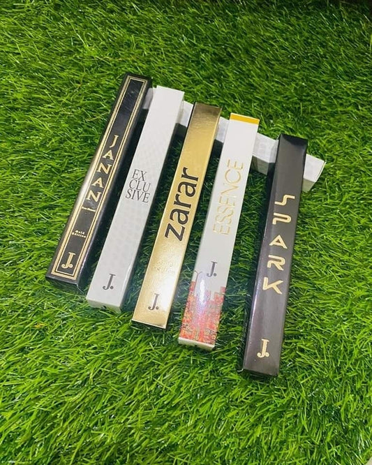 perfume pack of 5 J. perfumes, including J. ZARAR, J. SPARK, J. SILVER, J. ESSENCE, and J. JANNAN.